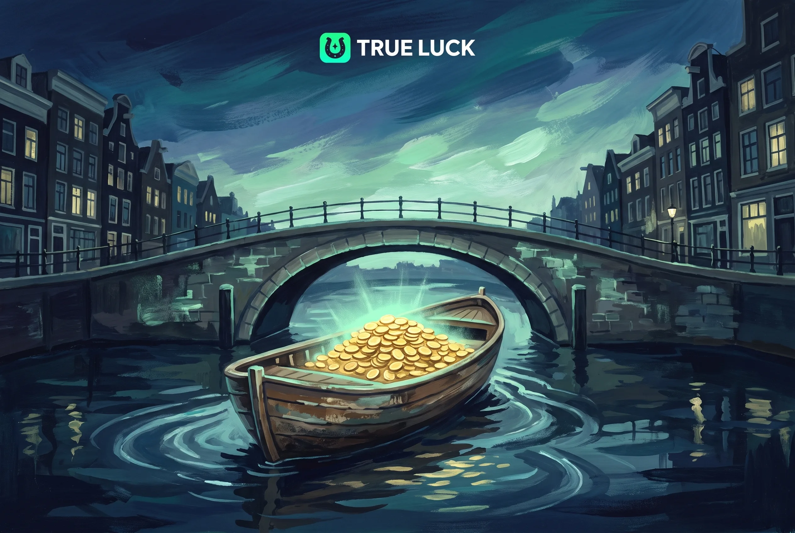 Een boot met gouden munten onder een brug bij True Luck