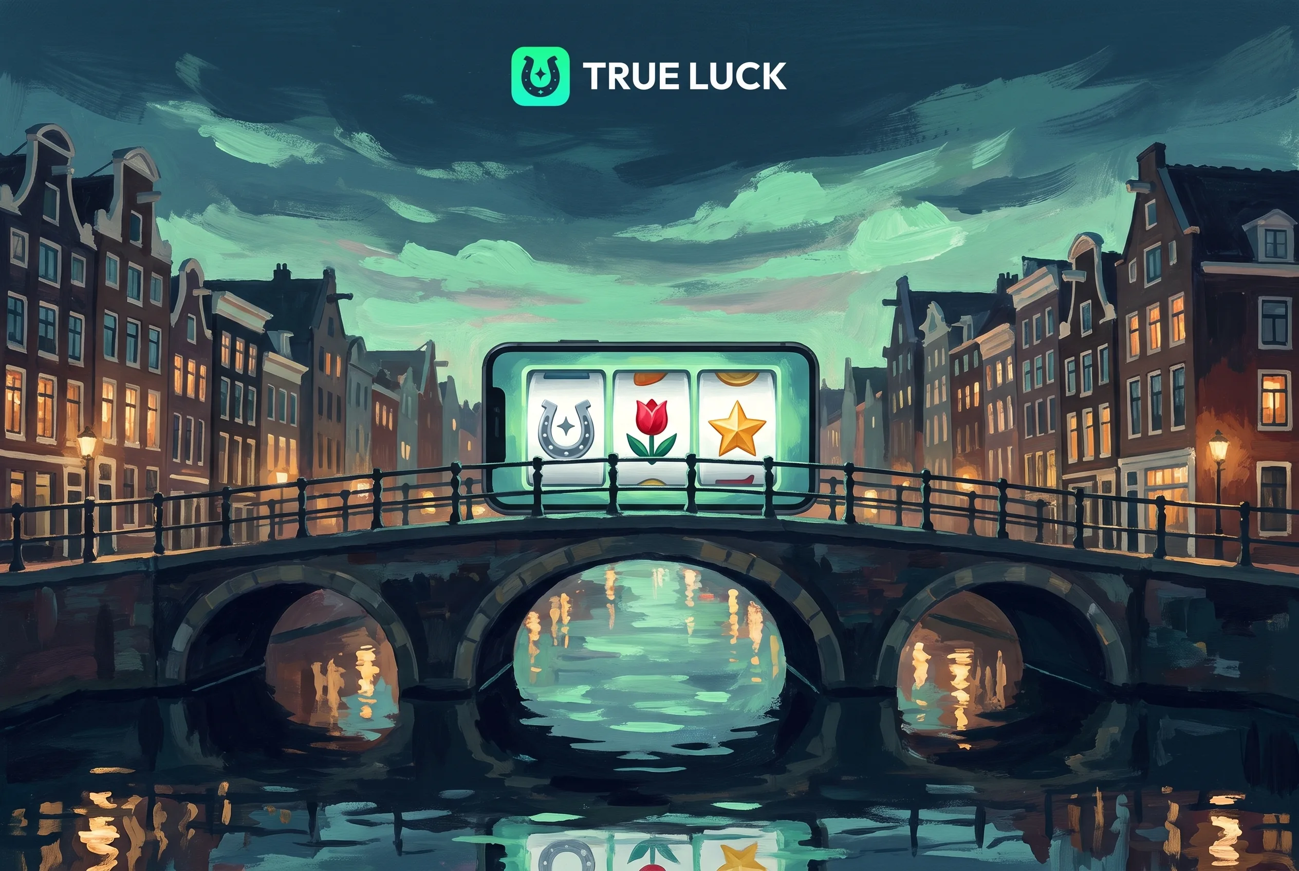 True Luck op een telefoon boven een brug over een Nederlands kanaal
