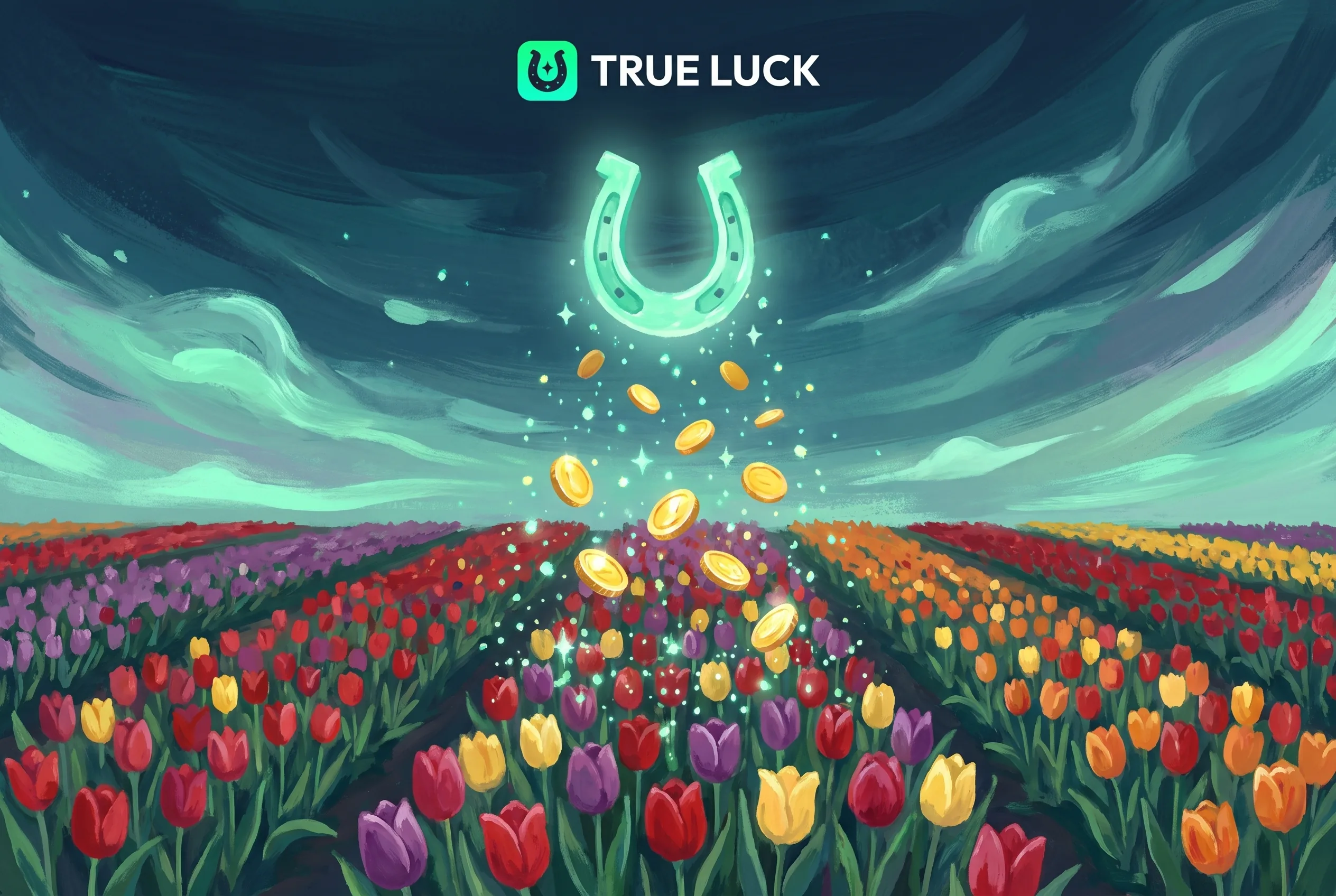 Een mintgroen hoefijzer en gouden munten boven een Nederlands tulpenveld
